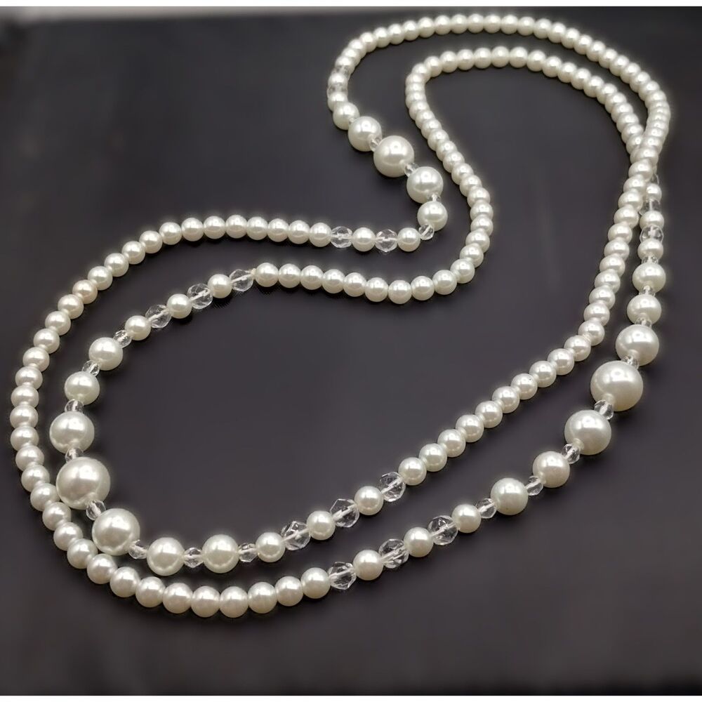 Vintage Glass Faux Pearls with Clear Crystal Spacers Graduated Strand Necklace